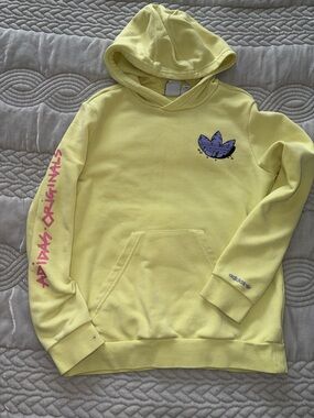 adidas Originals Lemon Yellow Hoodie with Purple Trefoil and Pink Sleeve Text